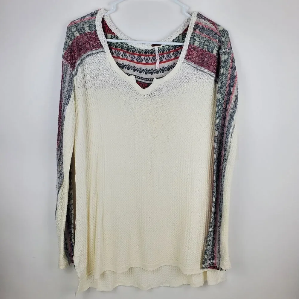 FREE PEOPLE Raw Edge Striped Thermal Long Sleeve Hi Low Tunic Top Shirt Sweater